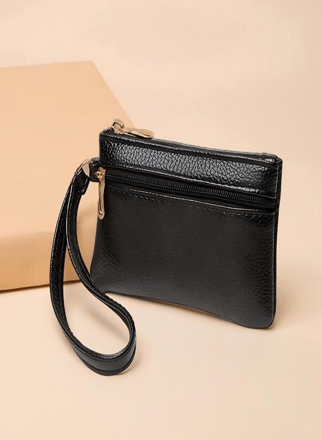 CALFOVERA Slim Wristlet Keychain Wallet with Zipper PU Leather Double Layer Coin Pouch Holder Portable Wrist Strap Change Purse Leather Cash Organizer Case for Men Women Travel Credit Card(Black) - Image 3